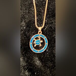 Blue and Gold 8 inch Turtle Pendant Necklace